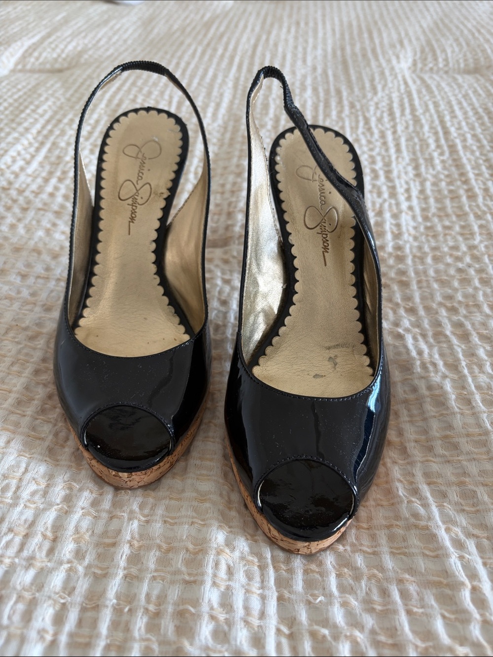 Jessica Simpson Black Patent Peep-Toe Slingback Wedges with Cork Platform